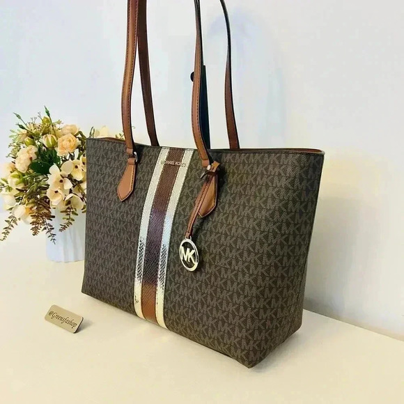 Michael Kors Purse Sheila Large Signature & Metallic Tote Bag Brown - Picture 2 of 10